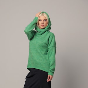 Knit Green Hoodie, Comfy Winter Pullover, Oversized Knit Sweater / AMITY / Hooded Blouse, Plus Size Clothing, Knit Women Hoodie, Outerwear