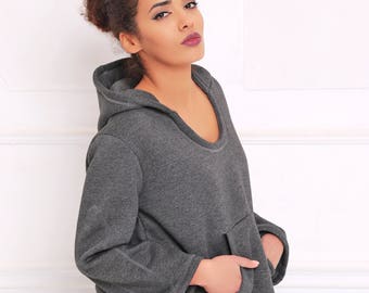 Women Hooded Hoodie, Gray Sweatshirt, Hooded Top, Cotton Sweatshirt, Women Sweatshirt, Minimalist Top, Loose Sweatshirt, Plus Size Top,A3056