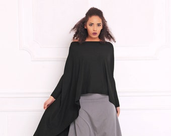 Asymmetrische tuniek, off-shoulder top, oversized top, minimalistische tuniek top, steampunk kleding, plus size tuniek top, lange mouwen top, A3048