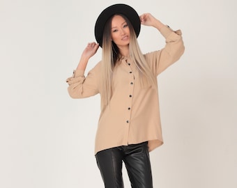 NEW Women Shirt, Beige Shirt, Spring Shirt, Plus Size Clothing, Collar Shirt, Plus Size Shirt, Long Sleeve Shirt, Spring Casual Clothing