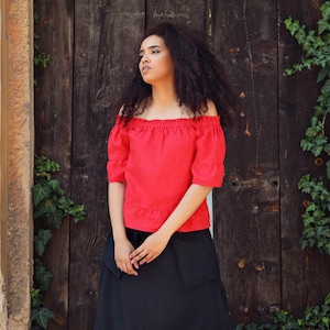 Off Shoulder Linen Top, Red Summer Blouse, Womens Clothing  / CHANTAL / Flared Sleeve Top, Linen Clothing, Oversized Comfy Top, Loose Blouse