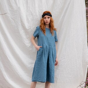 Blue Linen Midi Dress: Plus Size Minimalist Clothing