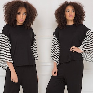 Black Blouse with Pinstripe Sleeves: Extravagant Wide Sleeve Top