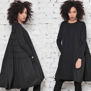 Black Maxi Dress: Plus Size Cotton A-Line Long Sleeve Dress