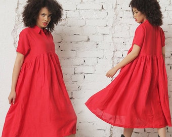 Red Linen Dress, Shirt Linen Dress For Women, Midi Linen Dress, Plus Size Clothing, Dress For Women, Preppy Linen Dress, Shirt Linen Dress