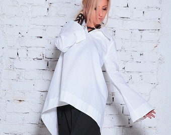 White Tunic/ White Top/ Plus Size Clothing/ Asymmetric Shirt/ Cotton Shirt/ Long Sleeve Shirt/ Oversize Shirt/ Women Shirt/ Oversized Shirt