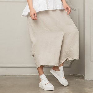 Linen Skirt Pants: Beige Drop Crotch Harem Pants