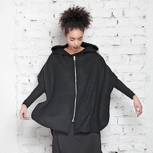 Wool Hooded Cape / Hooded Coat Women / Oversized Wool Coat / Cape Coat / Short Jacket / Hoodie Jacket/  Warm Winter Coat / Asymmetrical Coat