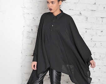 Tunique Taille Plus / Robe Tunique Noire / Top Japonais / Robe Kimono / Haut Cap / Robe Dystopique / Top Tunique Longue / Robe Chemise Noire / Robe Taille Plus