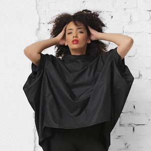 Black Cotton Tunic Top: Oversized Batwing Sleeve Blouse