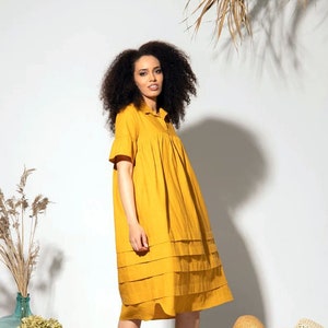 Linen Dress, Linen Clothing, Mustard Dress, Plus Size Linen Dress / DELA / Yellow Linen Dress, Summer Dress, Linen Midi Dress, Plus Size