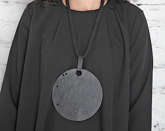 Leather Moon Necklace, Black Jewelry, Leather Statement Necklace, Art Pendant, Large Circle Pendant, Boho Chic Jewelry, Womens Accessories