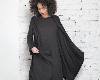 Black asymmetrical kimono top for women. Oversized, extravagant maxi vest