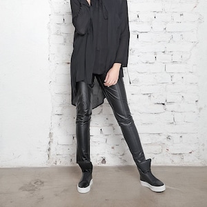 Vegan Leather Black Leggings: Women&#39;s Stretch Skinny Trousers