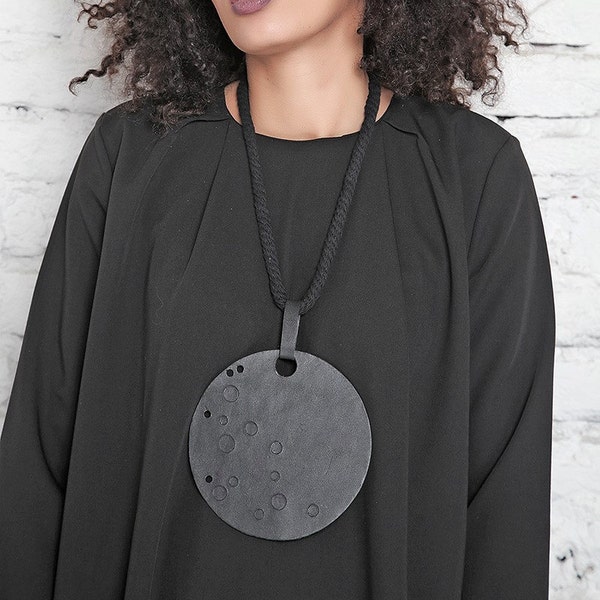 Leather Moon Necklace, Black Jewelry, Leather Statement Necklace, Art Pendant, Large Circle Pendant, Boho Chic Jewelry, Womens Accessories