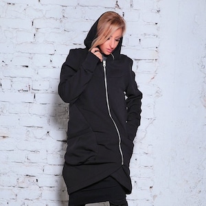 Asymmetrical Hooded Jacket: Futuristic Black Zipper Sweater Coat