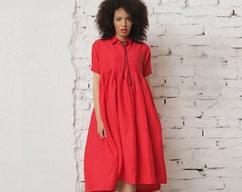 Linen dress in plus size and solid red - Plus size linen clothing for women - Boho maxi linen dress