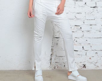 Womens White Pants, Cotton Pants, White Trousers, Bohemian Trousers, Minimalist Pants, Low Crotch Pants, Formal Trousers, Tapered Pants