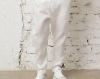 Tapered Linen Pants, Plus Size Linen Pants, Harem White Pants, Minimalist Clothing, Drop Crotch Pants, Linen Clothing, White Trousers, Urban