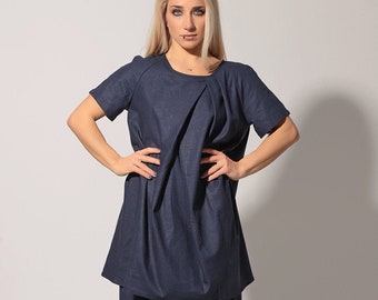 Tunic Women, Linen Tunic, Linen Clothing, Plus Size Linen, Summer Linen Tunic, Plus Size Clothing, Short Sleeved Tunic, Navy Tunic, Adeptt