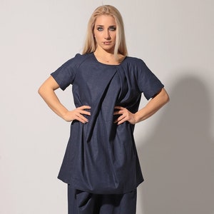 Oversized Linen Tunic: Navy Blue Short Sleeve Top