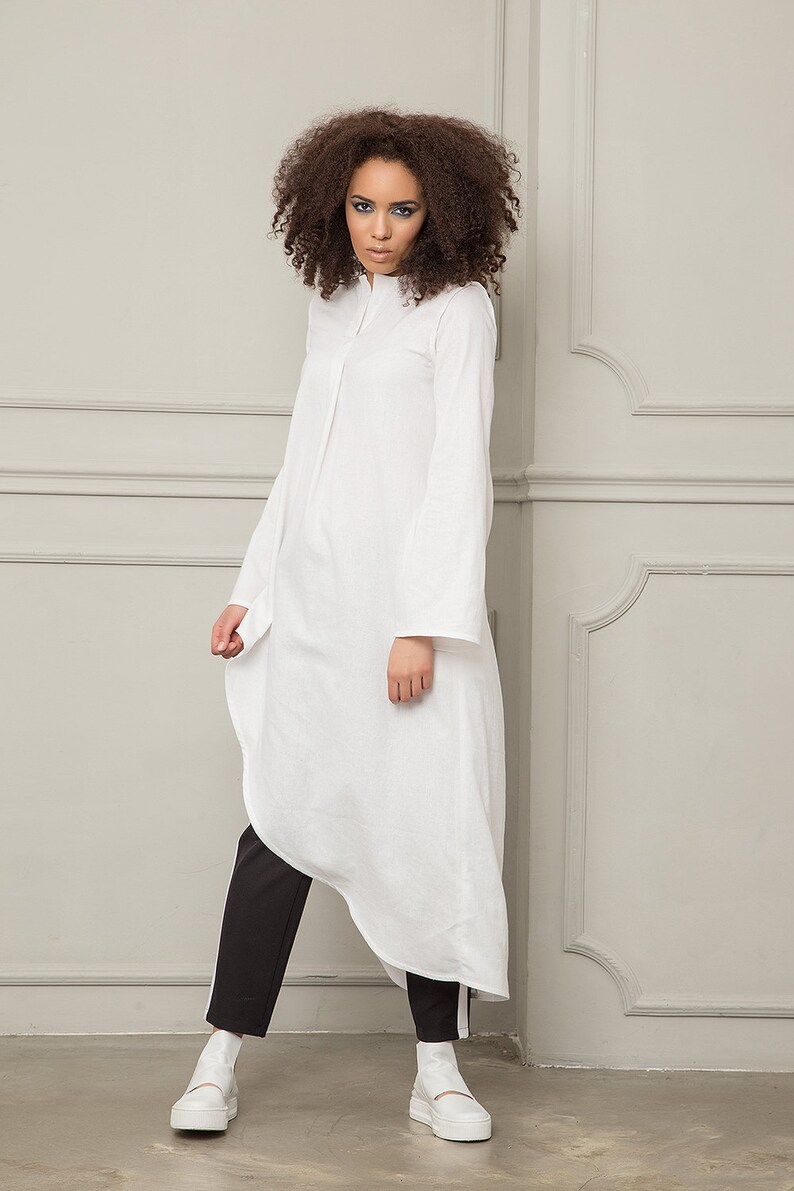 White Linen Tunic, Linen Shirt Kaftan, White Linen Kaftan, Linen Clothing, Linen Clothes, White Shirt, Asymmetrical Shirt, Extravagant Top image 5