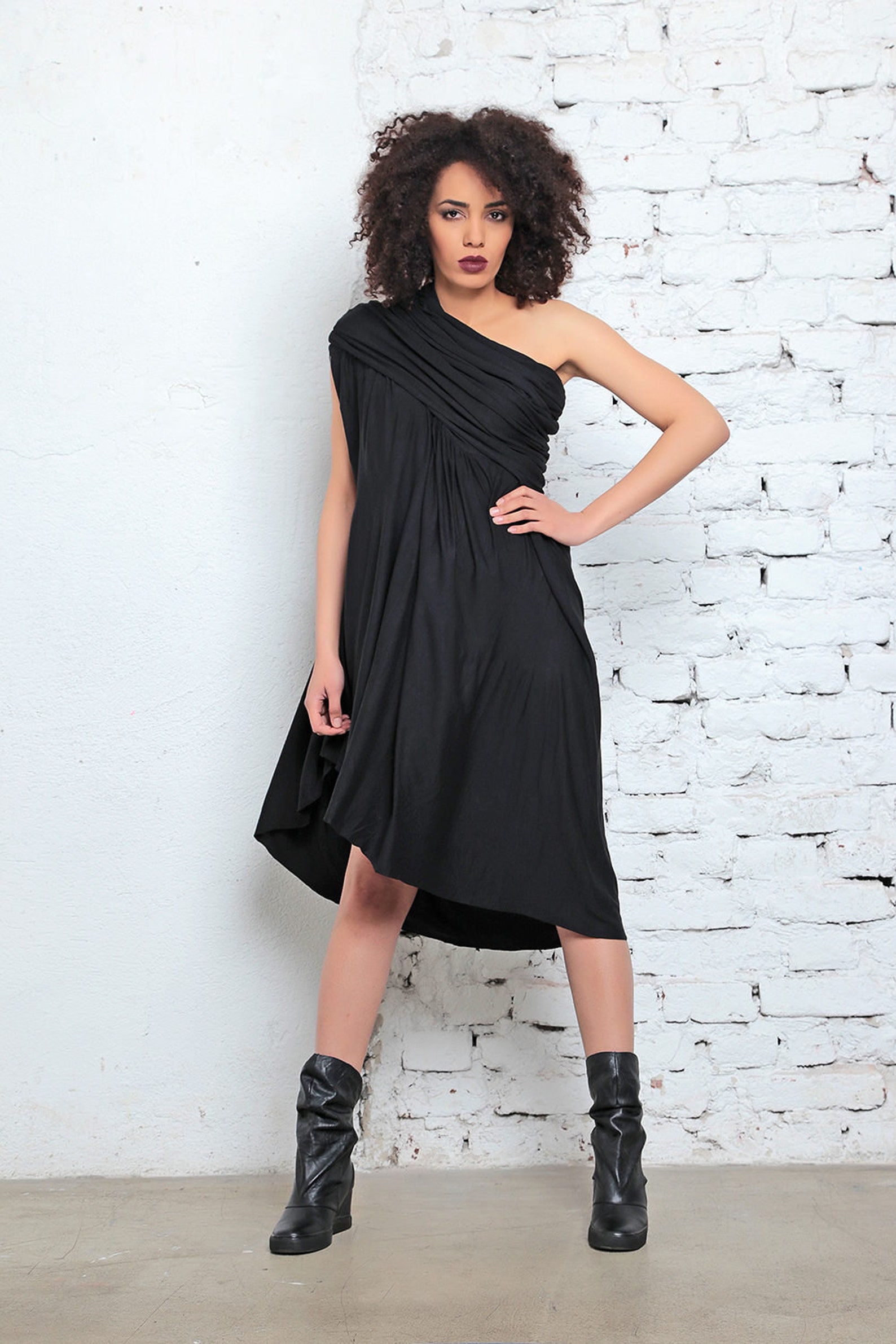 Women Black Dress Midi Black Dress One Shoulder Dress Etsy