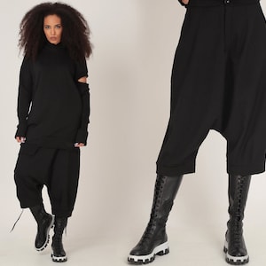 Black Cropped Harem Pants: Oversized Drop Crotch, Plus Size