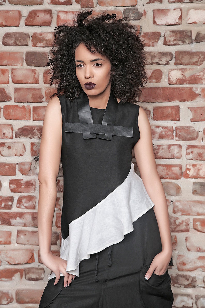 Asymmetric Tunic Formal Black and White Tunic Sleeveless Tunic Top Cocktail Top Plus Size Tunic Elegant Tunic Linen Top Gothic Top