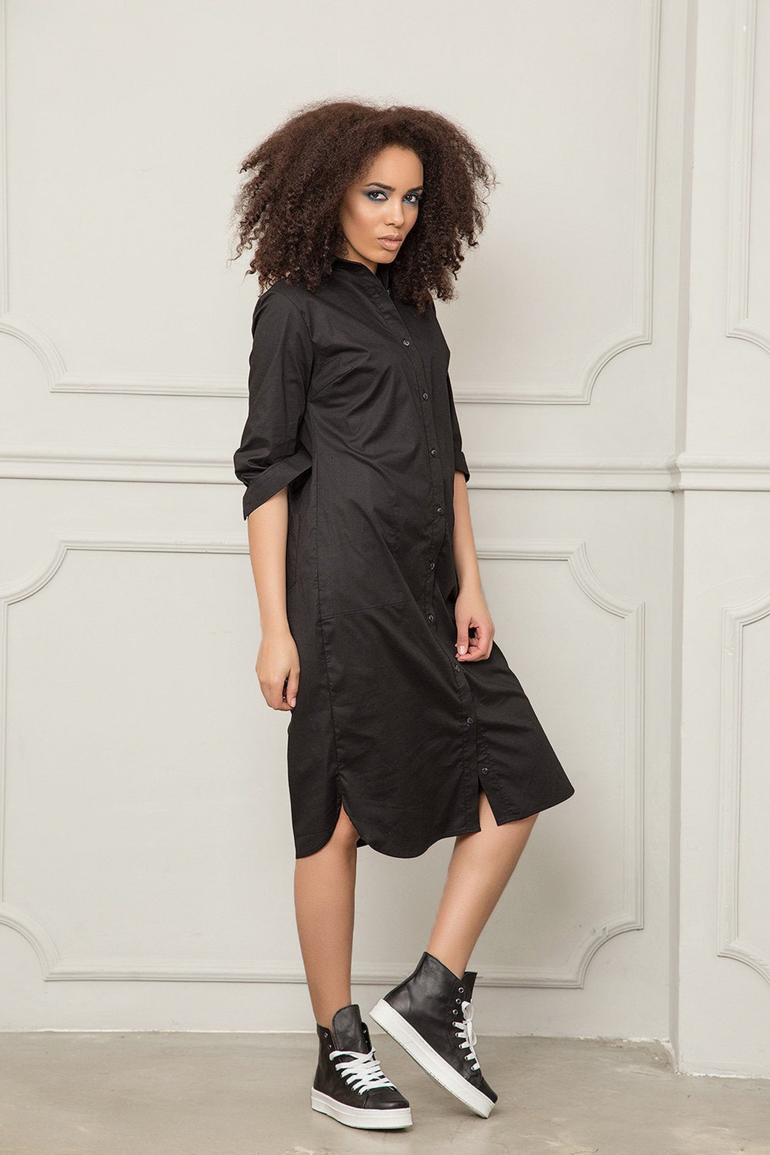 Women Black Plus Size Shirt Dress
