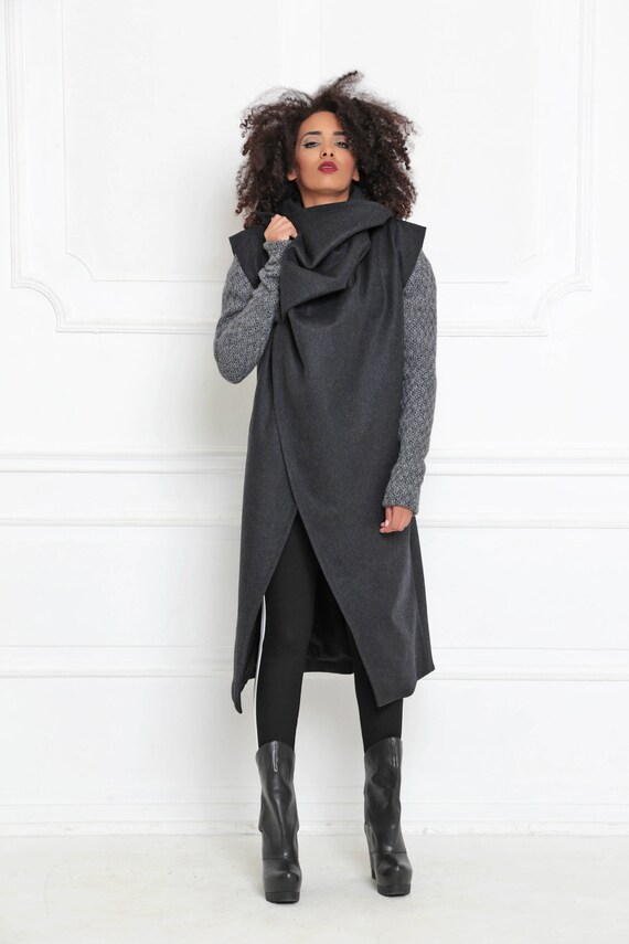 Wrap Coat Asymmetric Coat Women Black Coat Loose Knit Coat | Etsy