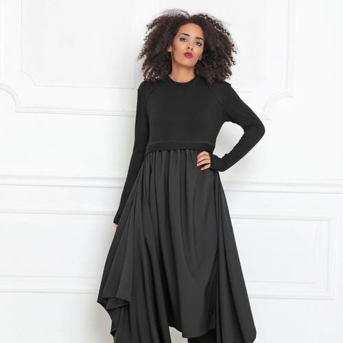 Black maxi dress in plus shops size - Asymmetrical dress in maxi black - Extravagant dress for casual women