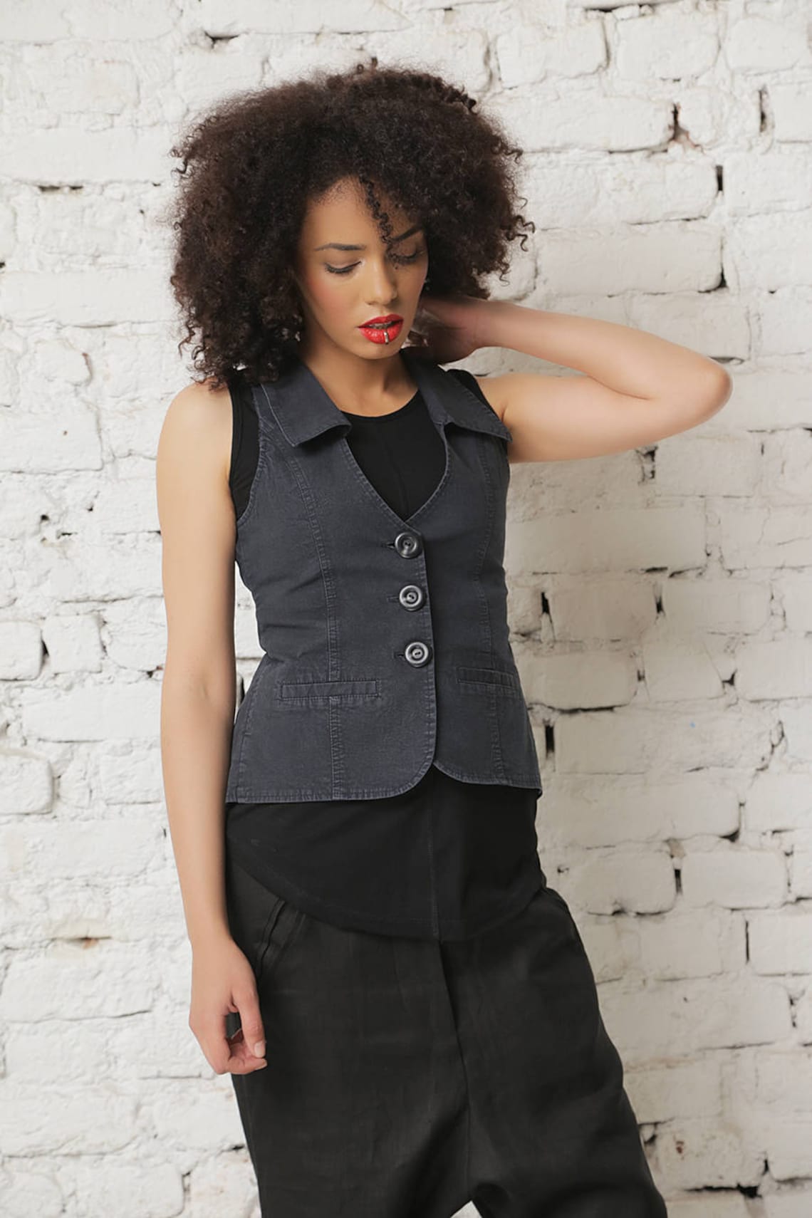 Black Waistcoat Women Vest Black Overall Cotton Waistcoat Etsy