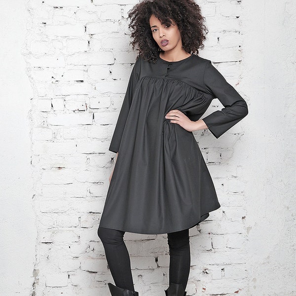 Black Dress, Tunic Dress, Plus Size Dress, Shirt Dress, Oversized Casual Dress, Long Sleeve Dress, Loose Gothic Dress, Asymmetrical Dress