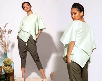 Linen Top, Plus Size Linen Blouse, Linen Clothing, Summer Blouse, / ROWANA / Asymmetric Blouse, Elegant Blouse, Loose Blouse, Minimal Top
