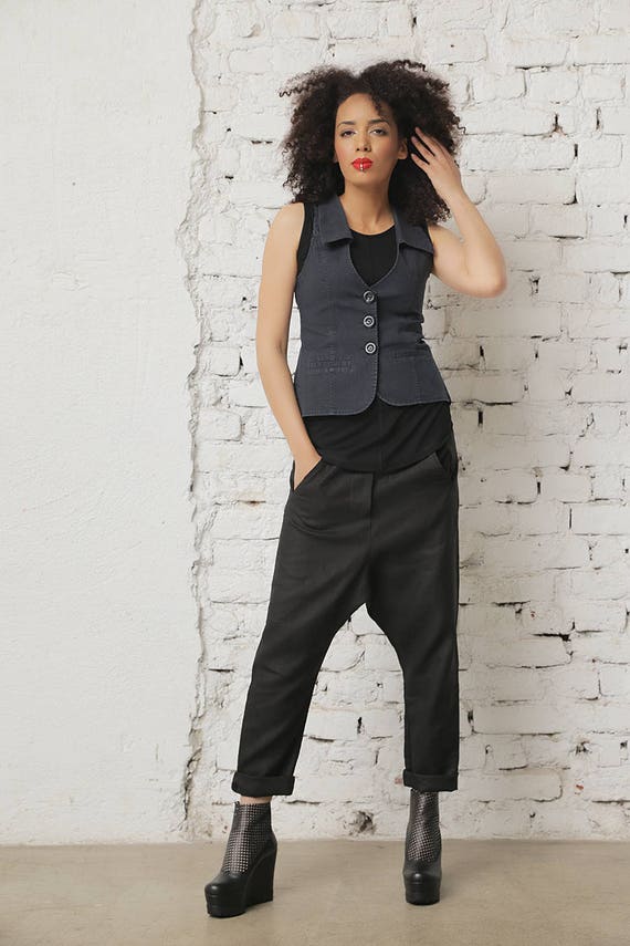 Black Waistcoat Women Vest Black Overall Cotton Waistcoat