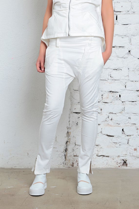 Womens White Pants, Cotton Pants, White Trousers, Bohemian Trousers,  Minimalist Pants, Low Crotch Pants, Formal Trousers, Tapered Pants -   Canada