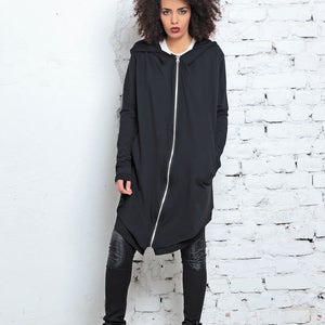 Extra long sweatshirt zipper hoodie for women. Minimalist, sleeved winter top image 2