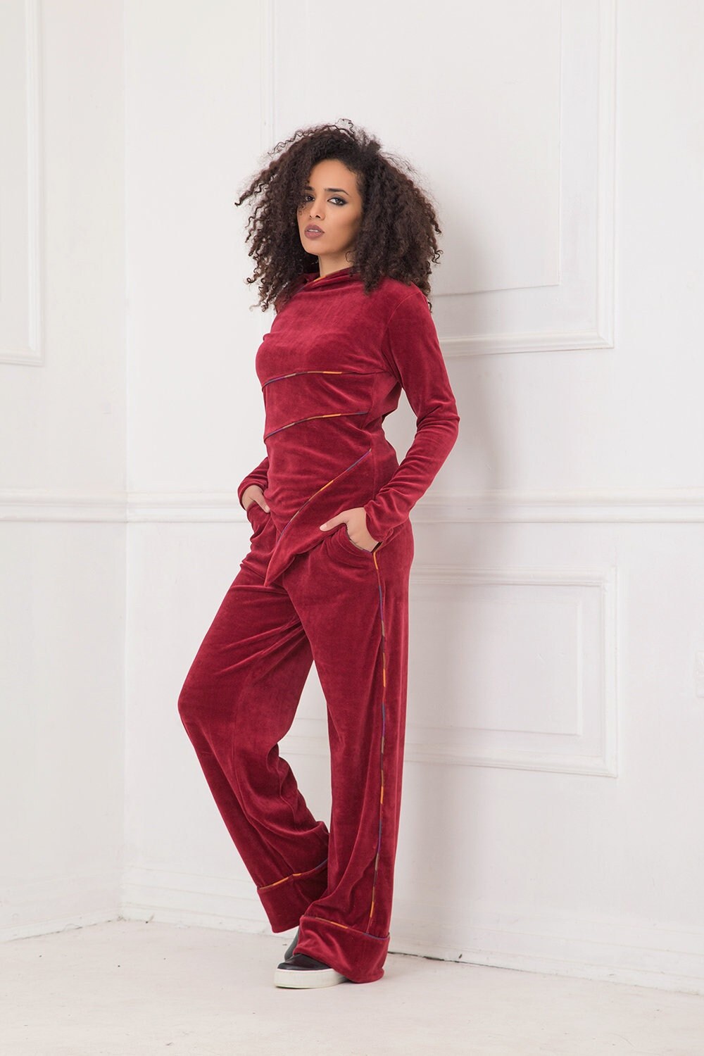 2pcs Women's Loose Velvet Blouse Wide Leg Pants Indoor Suits Comfort Fashion 2pcs Women's Loose Velvet Blouse Wide Leg Pants Indoor Suits Comfort Fashion