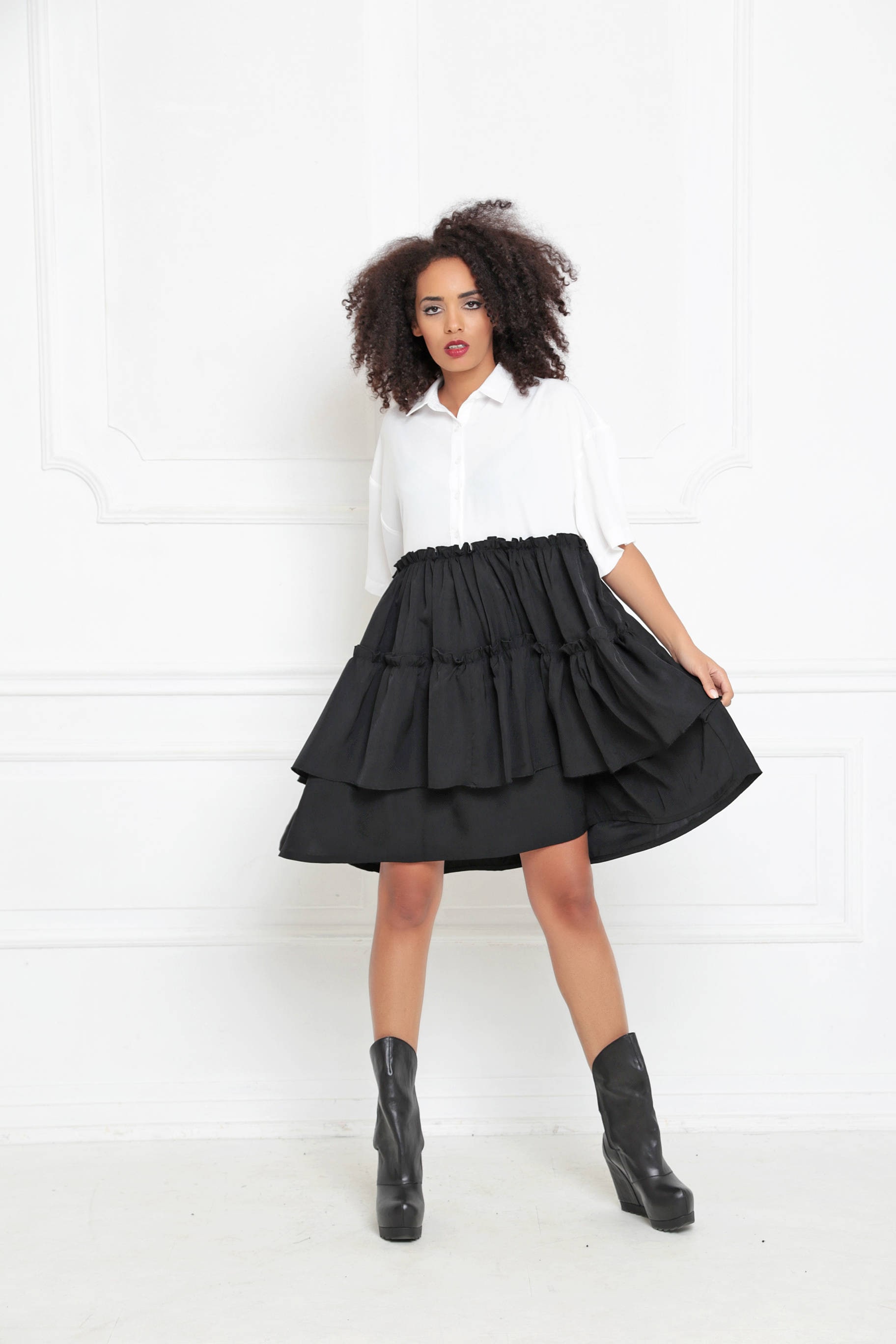 Plus Size Black & White Tiered Dress: Viscose Blend Flare Dress