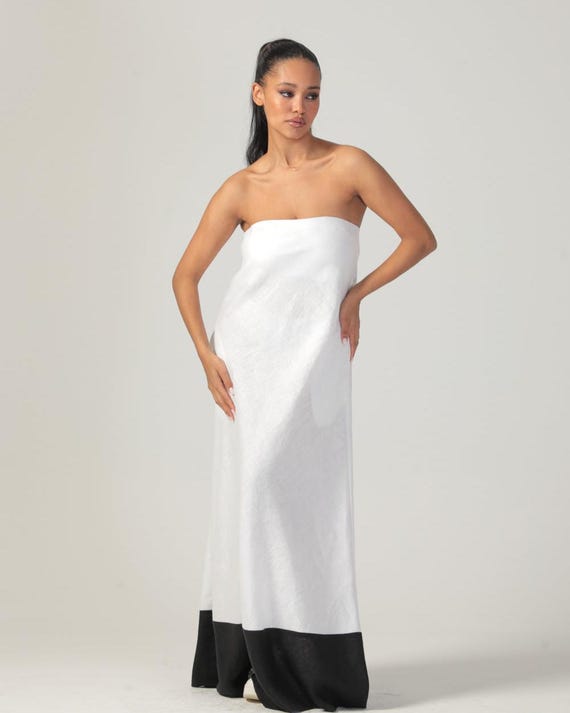 Aurora Linen Maxi Dress: Strapless White Dress With Black Hem - Etsy Israel Aurora Linen Maxi Dress: Strapless White Dress With Black Hem - Etsy Israel