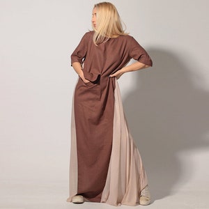 Linen Maxi Dress: Dark Brown Kaftan with Chiffon Details