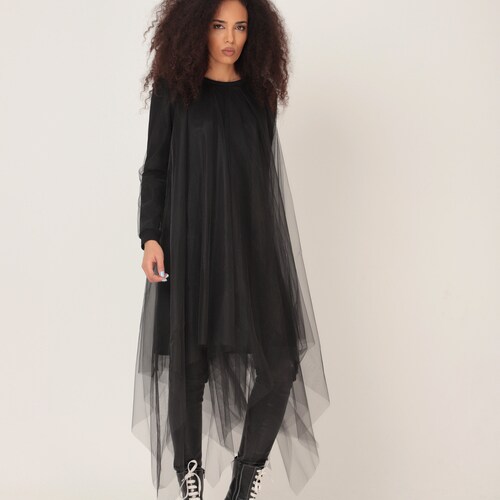 black plus size tulle dress Cocktail Party High Low Hem Ruffle V Neck Long Sleeve Mini Dresses Tulle Silhouette Plus Size Fashion Nova Tutu