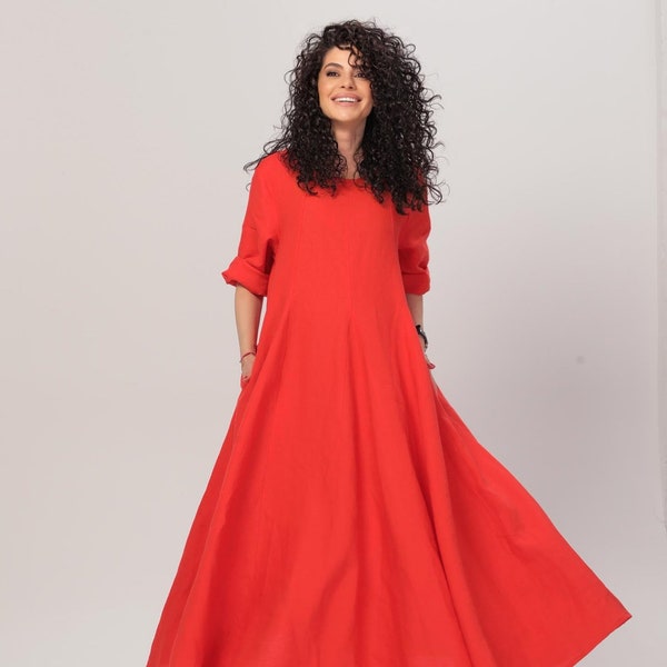Maxi Linen Dress In Red, Oversized Summer Dress, Womens Clothing / SHARON/ Plus Size Kaftan Dress, Loose V-Neck Summer Dress, Linen Clothing