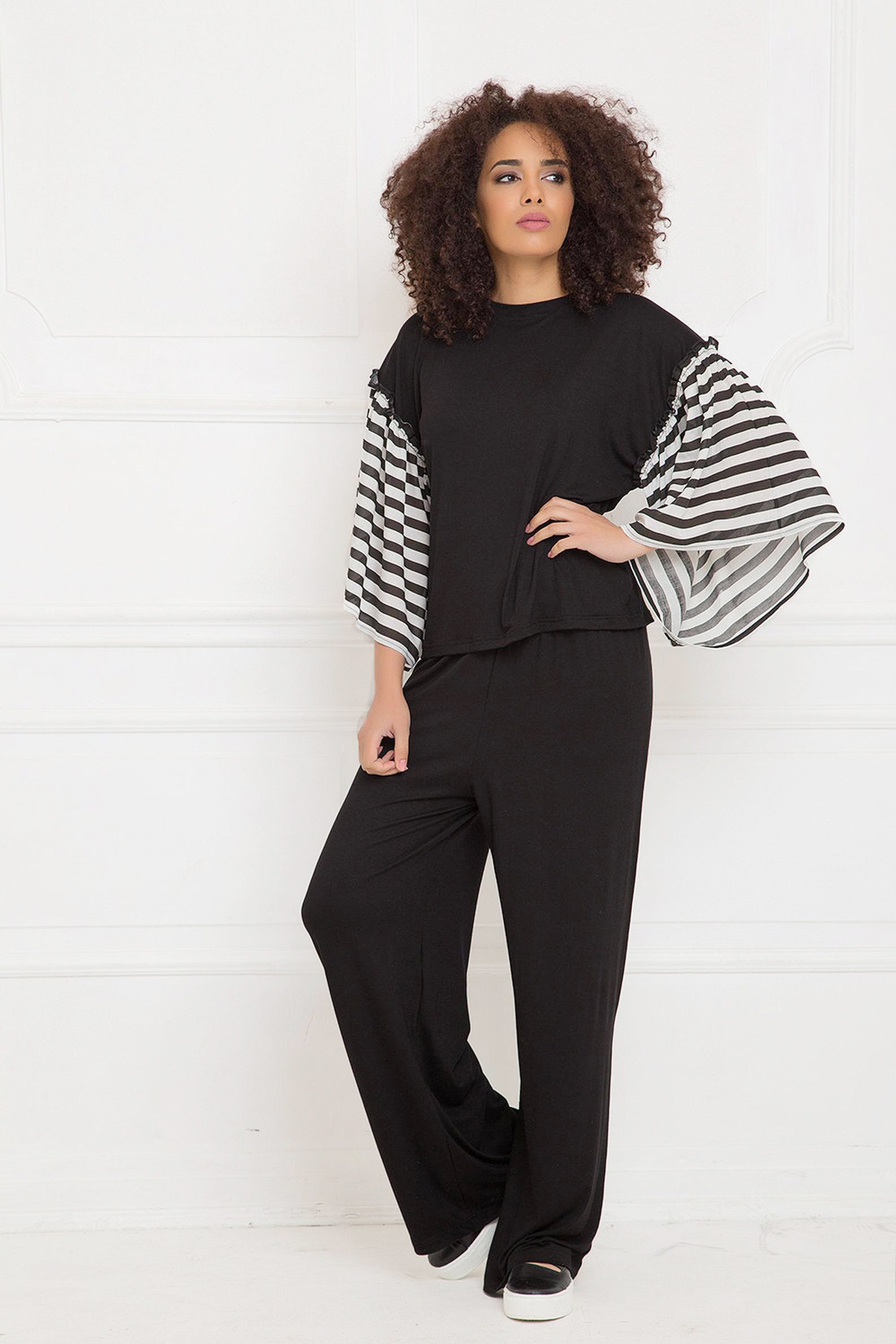 Puff Sleeves Black Blouse Women Black 