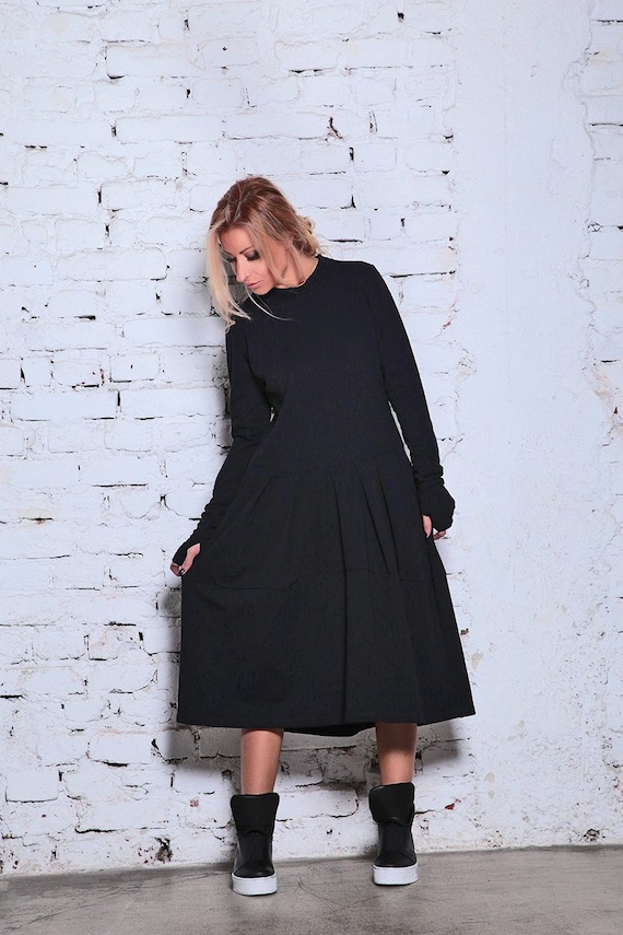Dress for Women, Modest Plus Size Dress, Black Maxi Dress, Gothic Maxi Dress,  Plus Size Clothing, Minimalist Dress, Maxi Steampunk Dress 