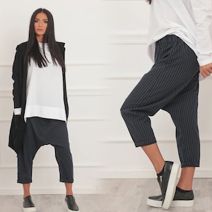 Striped Drop Crotch Capri Pants: Women&#39;s Harem Style Trousers