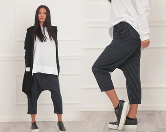 Drop Crotch Pants, Baggy Pants, Women Pants, Capri Pants, Striped Pants, Harem Pants, Urban Clothing, Crop Pants, Navy Pants, Loose Pants