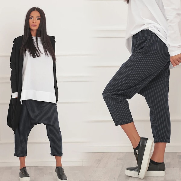 Drop Crotch Pants, Baggy Pants, Women Pants, Capri Pants, Striped Pants, Harem Pants, Urban Clothing, Crop Pants, Navy Pants, Loose Pants