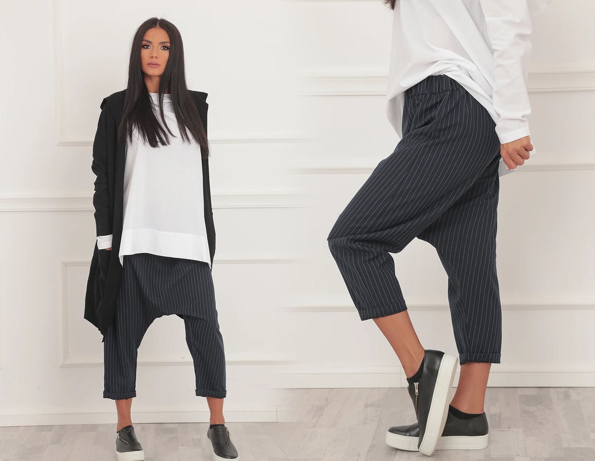 Striped Drop Crotch Capri Pants: Women's Harem Style Trousers
